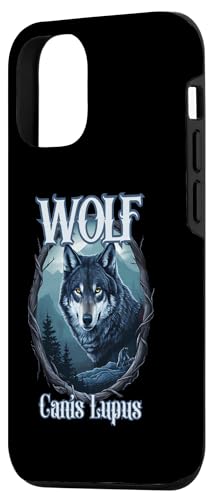Hülle für iPhone 15 Pro Wolf Canis Lupus mit Holzrahmen und Bergblick Design