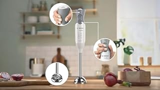 Bosch Frullatore a Immersione MSM66120, 600W, Impugnatura Ergonomica, Piede in Acciaio Inox, Lama a 4 ali Acciaio Inox, Velocità Variabile, Accessorio Tritatutto Incluso, Bicchiere Graduato, Bianco