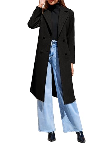 Simplee Women's Winter Lapel Collar Pea Coat Double Breasted Long Dressy Warm Overcoat Trench PeaCoat Black S