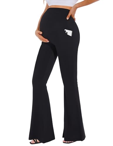 MUSIDORA Leggings de maternidad suaves con bolsillos sobre el vientre/pantalones acampanados de cintura alta para yoga casual, Negro -, XXL