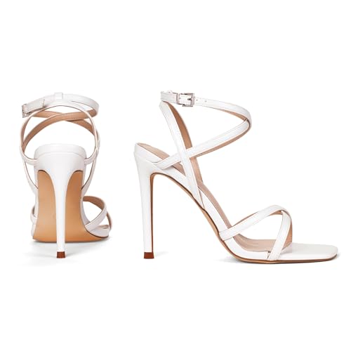 Image of Elisabet Tang Women's Crystal Stilettos Heeled Sandals, 4 Inch Square Open Toe Strappy Sexy High Heels Ankle Strap Buckle Heels for Party Wedding Dress Daily Wear Shoes
