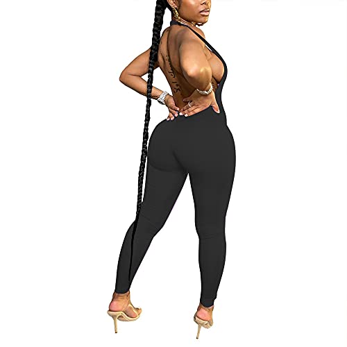 Lufeng Women's Sexy Bodycon Halter Deep V Neck Backless Party Long Jumpsuits Romper Black #TOP1