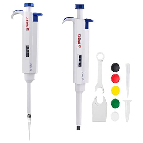 2 Pack Micropipettes 10-100ul 100-1000ul, Four E’S Scientific Single Channel Pipettor Lab Pipette High Precision Autoclavable Micro Pipettor for Laboratory Fish Tank Water PH Test Cover