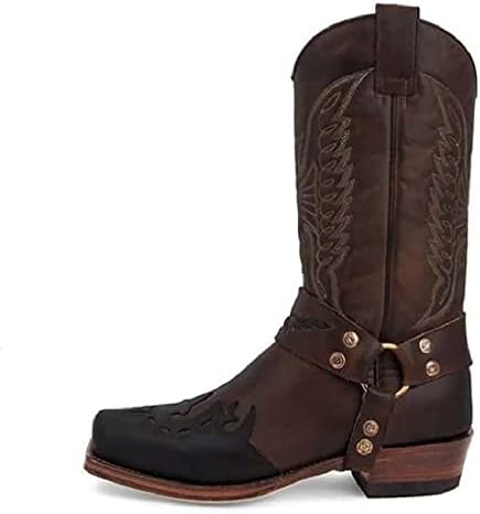 Badduys Men's Western Work Combat Boot Round Toe Retro Cowboy Mid Calf Boots Fashion Pull On Buckle Chunky Block Stacked Low Heel Leather Shoes, C-coffee, 11.5 | Image 1