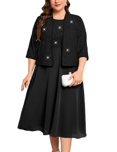 Image of ZOMVA Plus Size Sparkly Mother of The Bride Dresses with Jacket 2 Piece Chiffon A-Line Dress Wedding Guest Formal