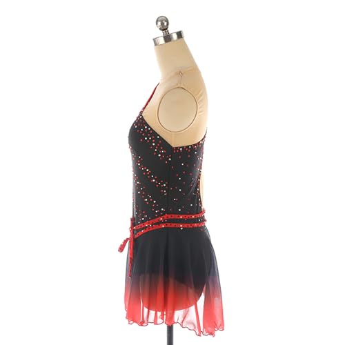 Vestido de patinação artística, strass sem mangas gradiente vermelho e preto, fantasia de competição