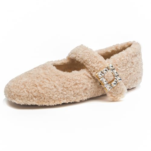 Kluolandi Women's Shearling Ballet Flats with Strap Warm Rabbit Fur Lined Crystal Buckle Mary Jane Flat Shoes