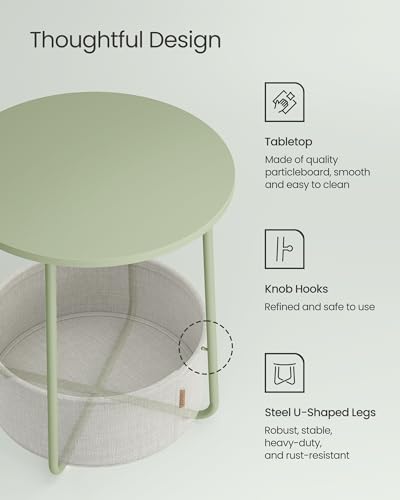 Image of VASAGLE LILEA Collection - Small Round Side End Table, Modern Nightstand with Fabric Basket, Laurel Green and Cream White ULET223C69