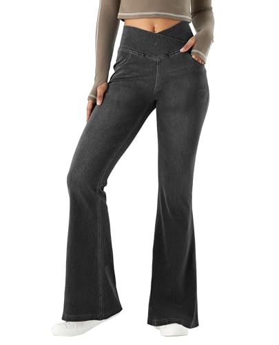 LaiEr Jeans de Mujer de Cintura Alta en v, Corte de Botas Estampado en Denim y Forma de Trompeta con Bolsa Lateral Son adecuados para el Entrenamiento de Fitness y el Ocio de Yoga.Gris,L