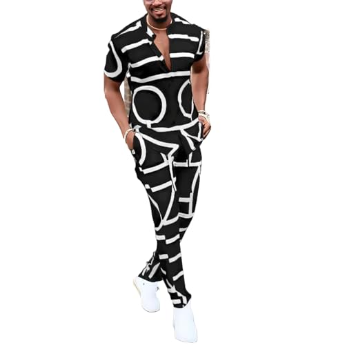 Men’s Printed Casual Suit Set Short Sleeve Stand Collar Shirt & Pants Summer