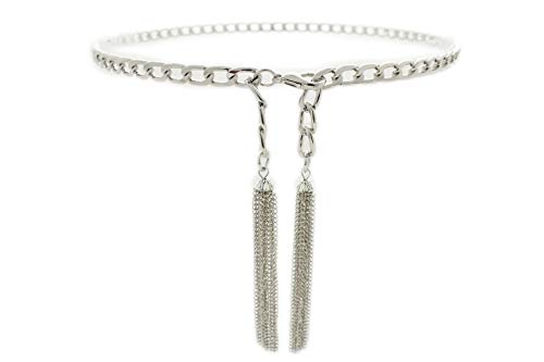 Women Dress Up Fashion Belt Hip High Waist Silver Metal Chain Fringes Buckle Tassel Charm Size XS S M2