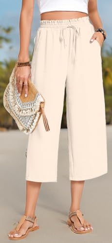 Image of Anyhold Women's Capri Pants Drawstring Casual Palazzo Trousers with Pockets Loose High Waisted Wide Leg Lounge Pants