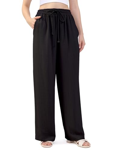 Women's Wide Leg Casual Pants Drawstring Waist Viscose Loose Beach Vacation Summer Palazzo Pants Trouser Linen-Feel