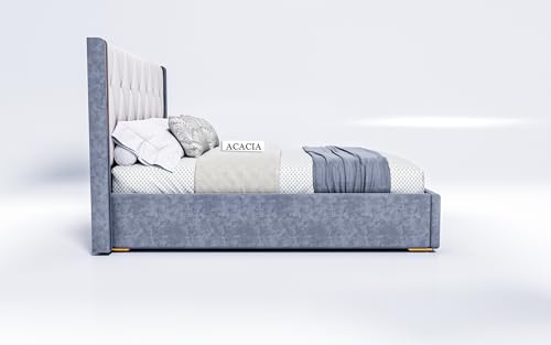 Image of Acacia Modern Upholstered Queen Size Bed with Hydraulic Storage for Bedroom | Wooden Double Beds for Home & Hotels | Platform Cot Bed with Upholstery Fabric, 6.5 x 5 Ft, Sheesham Wood, White-Grey