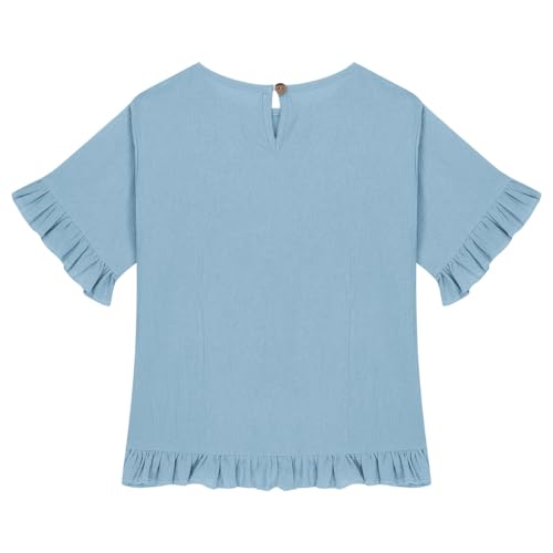 Girls Round Neck Ruffled Hem Sleeve Shirt Cotton Linen Top Short Sleeve Blouses Breathable Tops for Kids 5-15 Years3