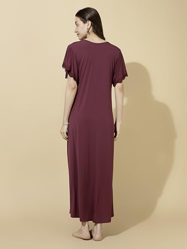 Image of 9shines Label Stylish Soft Modal Maxi Nighty | Honeymoon Nighty | Full Length Trendy Nightgown | V-Neck Lace | Premium Nightdress | Soft Long Nightdress | Maxi Gown Nightwear for Women (Malai Satin)