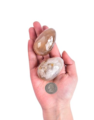 Image of AMOYSTONE Sakura Agate Egg 1.9-2.3 inch Mini Pocket Stone with Wood Stand for Spiritual Growth - Natural Flower Inclusion Specimen, Pocket Gift for Collectors 3.9oz