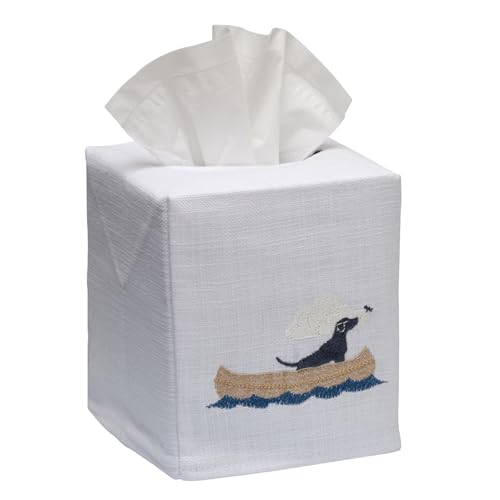Jacaranda Living Square Tissue Box Cover, Linen/Cotton Fabric Tissue Holder, Decorative Cloth Tissue Cube Cover, Animal Designs Dog in Boat