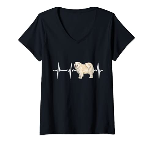 Womens Samoyed Heartbeat Love My Dog V-Neck T-Shirt, Black