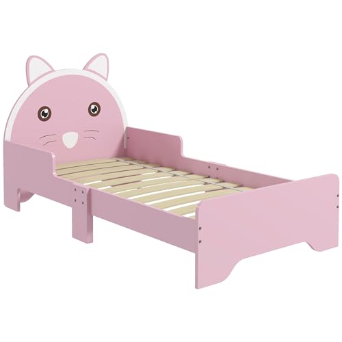 ZONEKIZ Toddler Bed Frame, Kids Bed Cat Design Princess Bed Bedroom Furniture with Guardrails, for 3-6 Years Old, 143L x 74W x 72Hcm - Pink
