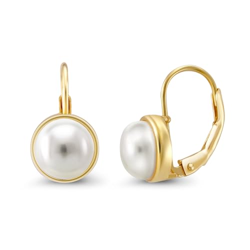 14k Gold Plated 925 Sterling Silver Dainty Drop Earrings with 7mm White Pearls, Freshwater Cultured Pearl Leverback Earrings for Women, Classic Hypoallergenic Jewelry Gift for Mom