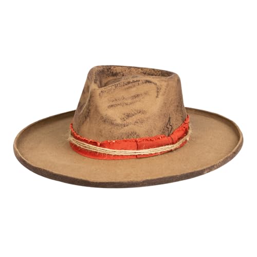 Image of RUEDIGER Vintage Pencil Brim Fedora Hats 100% Wool Felt Hat Panama Rancher Hat with Lightning Logo Handmade Distressed /Burned