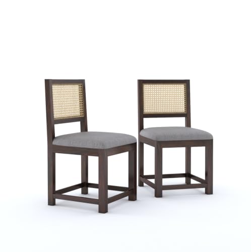 Image of Wooden 2 Chair for Living Room & Dining | Solid Wood Frame with Cane Backrest | Cushioned Seat | Modern Accent Chairs for Home & Office (Set of 2, Walnut)