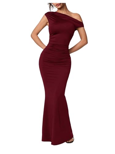 GORGLITTER Women's Asymmetrical Bridesmaid Dresses One Shoulder Formal Wedding Guest Cocktail Fishtail Maxi Sun Dresses Burgundy Medium