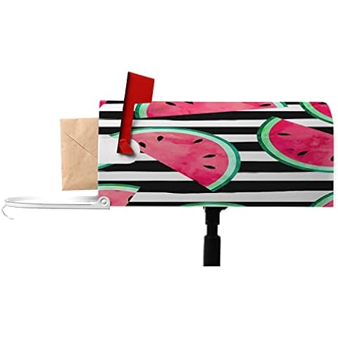 Numland Mailbox Post Cover Watermelon Pieces Magnetic Mail Covers Post Box Cover Wrapped with Standard Size 21" L×18" W Garden Decorations Red Sweet Fruit Summer Striped Background Fun Mood Cover