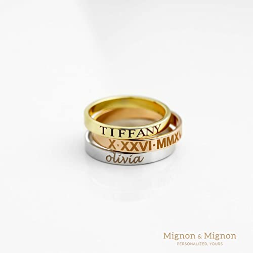 MignonandMignon Personalized Name Ring for Women, Custom Roman Numeral Initials Band, Engraved Gifts for Couples, Friendship or Promise Ring -R42