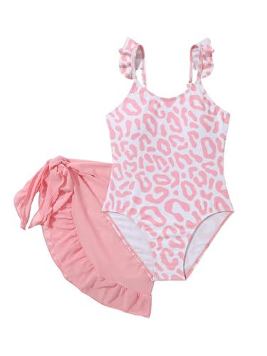 SweatyRocks Girl's Leopard Print Ruffle One Piece Swimsuit with Tie Side Sheer Mesh Cover Up Skirt