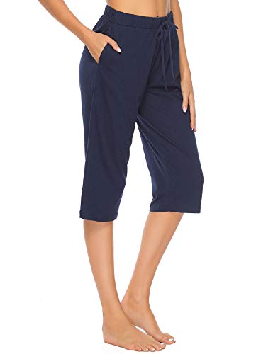 Vlazom Pantacourt de Pyjama Femme Bas de Pyjama été Court Leger Pantacourt Parfaits pour Le Sport ou Dormir，A Navy，M