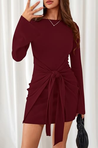 dowerme Women's Casual Mini Dress 2026 Bell Long Sleeve Boat Neck Tie Waist Bodycon Dresses Knitted Party Fall Outfits(Burgundy,X-Large) — view 3