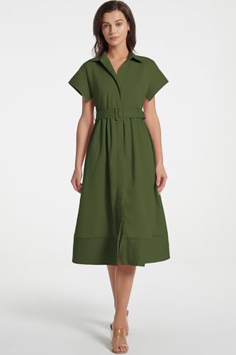 Image of Ladyful Women Casual Button Down Shirt Dress Short Wing Sleeve Buiness Midi Shirt Dress with Belt Elegant Dress