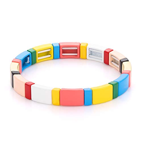 LENOOCLE Rainbow Enamel Tile Bracelet Colorful Beaded Stretch Bracelet Geometric Stackable Color-Block Strand Bracelet for Women Girls (Narrow Tile Bracelet)