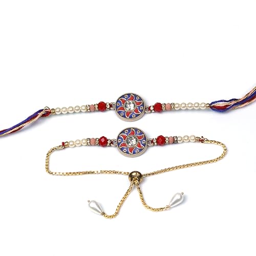 Image of Oblivion Rakhi Set for Brother and Bhabhi - Peacock with Feather Gift for Bhai & Lumba for Bhabhi with Silver Colour Coin and Greeting Card - Raksha Bandhan Combo