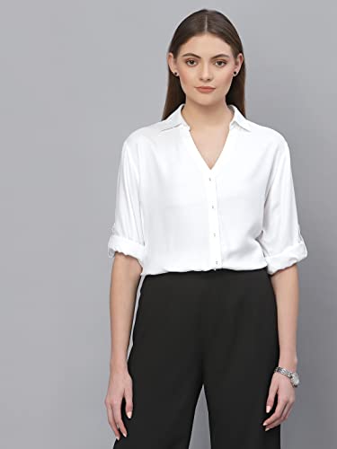 Image of Style Quotient Women Solid Navy Viscose Rayon Semi Formal Shirt