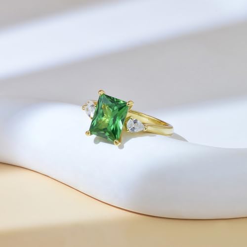 S925 Sterling Silver Electroplated with 18K Gold Emerald Square Main Stone Ring Simple and Stylish Versatile Inlaid Zircon Women's Hand Jewelry Proposal Engagement Ring, Size 6-84