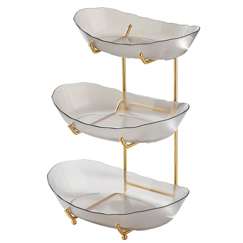 OEBUAFI Support de Service à Plusieurs Niveaux, Bol à Fruits en Acrylique et Fer à 2 ou 3 Niveaux avec Cadre doré, Plateau à Desserts de Style Nordique pour Présentation sur Comptoir, (3)