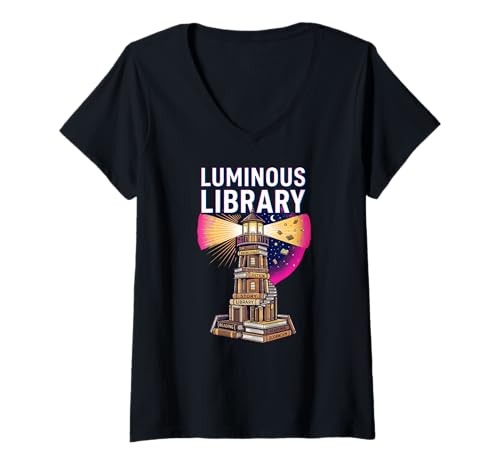 Women's Luminous Library Lover Stack Humor Book Club Fan Art Lightho V-Neck T-Shirt
