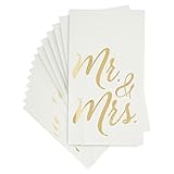 50 Papierservietten Mr. & Mrs. in Goldfolie, Rechteckig, Lang, 3-Lagig, Einweg-Servietten, 10 x 20 cm, Weiß