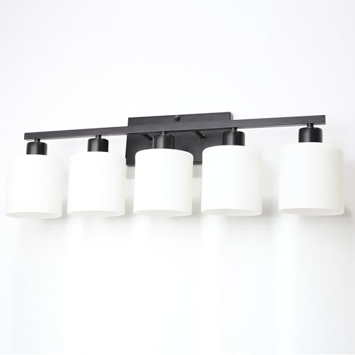 Image of SILAMPDI Black Bathroom Light Fixtures Over Mirror, 5-Light Vanity Lights for Bathroom, Modern Wall Sconces Lighting for Bedroom Living Room, Milky White Glass Shades, E26 Base, Bulbs Not Included
