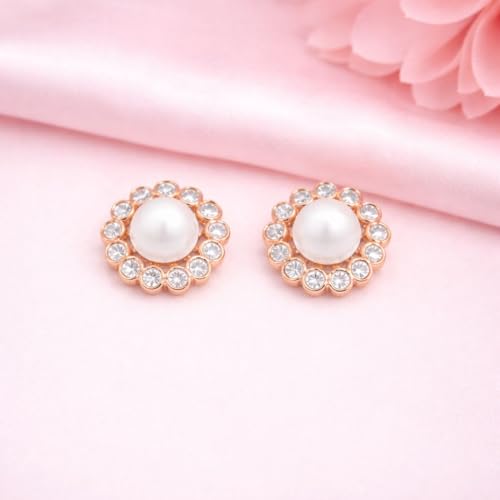 Image of Nilu's Collection Rose Gold Plated Triangular Design Pearl Stud Earrings With American Diamond for Women And Girls | Gift For Her | Anti- Allergy |Anti-Tarnish | Office Wear