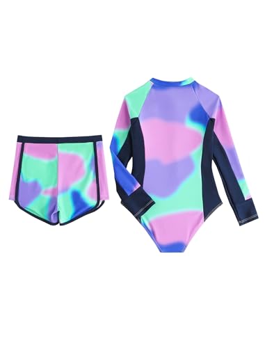 JiAmy Girls 2-Piece Rash Guard Long Sleeve Zip Swimsuit Tie Dye Crew Neck Bathing Suit Kids Swimwear 8-12 Y2