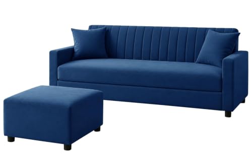 Image of Urban Decor 3 Seater Wooden Sofa Set with Matching Ottoman, Modern Channel Tufted Velvet Fabric Couch for Living Room-Blue