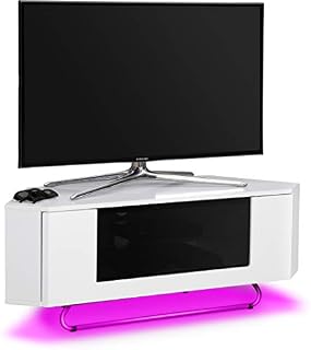 Centurion Supports Hampshire Corner-Friendly Gloss White with Black Beam-Thru Remote Friendly Door 26"-50" Flat Screen TV Cabinet with 16 Colour LED Lights