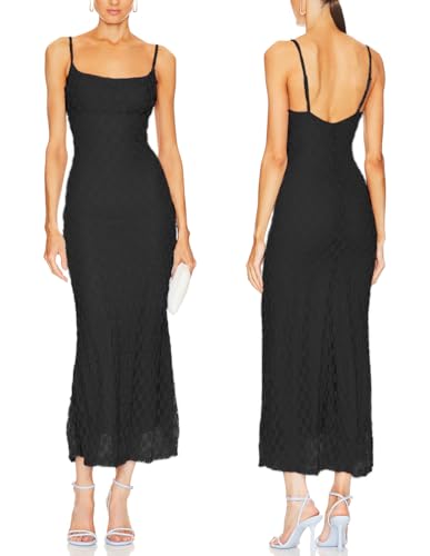 Image of Women Spaghetti Straps Lace Mesh Maxi Dress Backless Mermaid Wedding Dress | Floral Lace Mesh Wedding Guest Dress Fully Lined Adjustable Strap Bodycon Dress Cocktail Party Formal Evening Gown Date Night