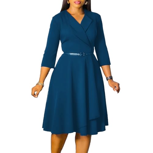 Image of Elainone Women 3 /4 Sleeve Casual Swing Flared A Line Dress Wedding Guest Semi Formal Office Work Dresses with Belt