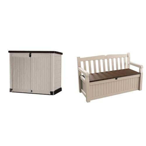 Keter 250001 Store It Out Pro Outdoor Storage Shed, 145.5 x 82 x 123cm Beige/Brown & Eden Bench 265L Outdoor Garden Storage Box Garden Furniture - Beige and Brown