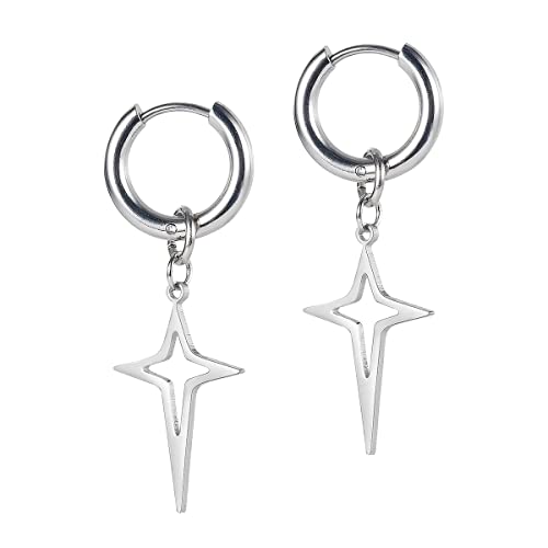 Star Earrings Men Stainless Steel Small Hoop Earring Dangle Adult Fashion Huggie Piercing Jewelry Earrings for Party Birthday Gift, Silver